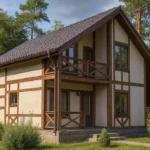 Проект дома «К-200» из СИП-панелей, 200 м² — двухэтажный дом с бежевым фасадом, коричневыми балками и балконом | HotWell.KZ