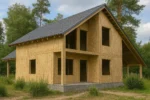 Дом «К-200», 200 м², 1.5 этажа, в черновой отделке: коробка из СИП-панелей OSB-3, двускатная кровля из металлочерепицы, проёмы без окон и дверей, в проёмах видны сосновые балки перекрытия
