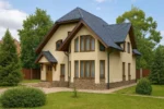 Проект дома «К-205» из СИП-панелей, 205 м² — двухэтажный дом с бежевым фасадом, синей крышей и крыльцом | HotWell.KZ