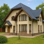 Проект дома «К-205» из СИП-панелей, 205 м² — двухэтажный дом с бежевым фасадом, синей крышей и крыльцом | HotWell.KZ