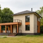 Проект дома «К-206» из СИП-панелей, 206 м² — двухэтажный дом с бежевым фасадом, серой крышей и террасой | HotWell.KZ