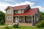 Проект дома «К-210» из СИП-панелей, 210 м² — двухэтажный дом с коричневым фасадом, красной крышей и крыльцом | HotWell.KZ