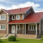 Проект дома «К-210» из СИП-панелей, 210 м² — двухэтажный дом с коричневым фасадом, красной крышей и крыльцом | HotWell.KZ