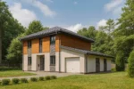 Проект дома «К-210Б» из СИП-панелей, 210 м² — двухэтажный дом с бежевым фасадом, серой крышей и гаражом | HotWell.KZ