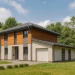 Проект дома «К-210Б» из СИП-панелей, 210 м² — двухэтажный дом с бежевым фасадом, серой крышей и гаражом | HotWell.KZ