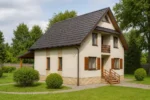 Проект дома «К-211» из СИП-панелей, 211 м² — двухэтажный дом с бежевым фасадом, коричневой крышей и балконом | HotWell.KZ