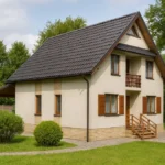 Проект дома «К-211» из СИП-панелей, 211 м² — двухэтажный дом с бежевым фасадом, коричневой крышей и балконом | HotWell.KZ