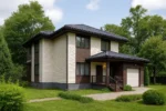 Проект дома «К-218» из СИП-панелей, 218 м² — двухэтажный дом с бежевым фасадом, черной крышей и гаражом | HotWell.KZ