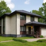 Проект дома «К-218» из СИП-панелей, 218 м² — двухэтажный дом с бежевым фасадом, черной крышей и гаражом | HotWell.KZ