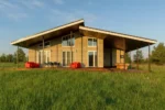 Проект дома «К-229Б» из СИП-панелей, 229 м² — одноэтажный дом с бежевым фасадом, панорамными окнами и террасой | HotWell.KZ