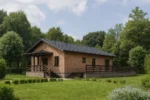 Проект дома «К-241» из СИП-панелей, 241 м² — одноэтажный дом с кирпичным фасадом, серой крышей и террасой | HotWell.KZ