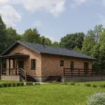 Проект дома «К-241» из СИП-панелей, 241 м² — одноэтажный дом с кирпичным фасадом, серой крышей и террасой | HotWell.KZ