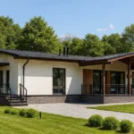 Проект дома «К-244» из СИП-панелей, 244 м² — одноэтажный дом с белым фасадом, черной крышей и террасой | HotWell.KZ