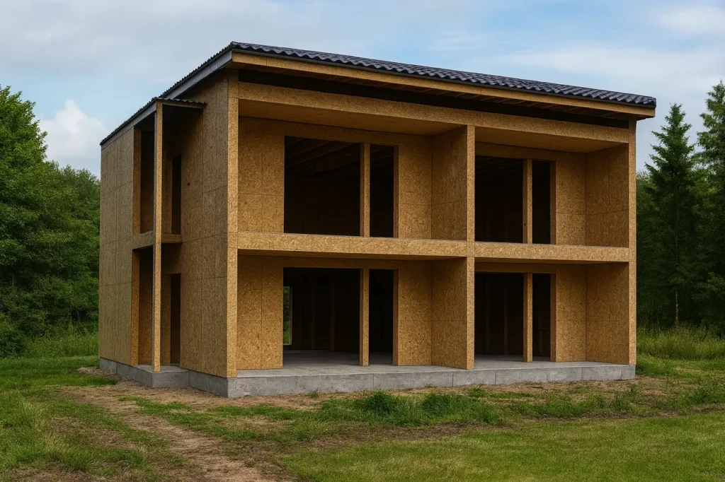 Дом «К-279», 279 м², 2 этажа, в черновой отделке: коробка из СИП-панелей OSB-3, односкатная кровля из металлочерепицы, проёмы без окон и дверей, в проёмах видны сосновые балки перекрытия