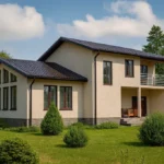 Проект дома «К-305» из СИП-панелей, 305 м² — двухэтажный дом с бежевым фасадом, черной крышей и балконом | HotWell.KZ