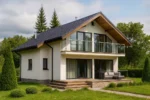 Проект дома «К-309» из СИП-панелей, 309 м² — двухэтажный дом с белым фасадом, черной крышей и балконом | HotWell.KZ