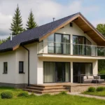 Проект дома «К-309» из СИП-панелей, 309 м² — двухэтажный дом с белым фасадом, черной крышей и балконом | HotWell.KZ