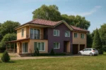 Проект дома «К-311» из СИП-панелей, 311 м² — двухэтажный дом с бежевым и фиолетовым фасадом, коричневой крышей и террасой | HotWell.KZ