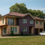 Проект дома «К-311» из СИП-панелей, 311 м² — двухэтажный дом с бежевым и фиолетовым фасадом, коричневой крышей и террасой | HotWell.KZ