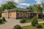 Проект дома «К-350» из СИП-панелей, 350 м² — одноэтажный дом с кирпичным фасадом, зелёной крышей и гаражом | HotWell.KZ