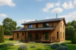 Проект дома «К-363» из СИП-панелей, 363 м² — двухэтажный дом с деревянным фасадом, черной крышей и террасой | HotWell.KZ