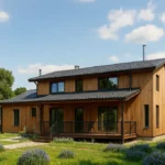 Проект дома «К-363» из СИП-панелей, 363 м² — двухэтажный дом с деревянным фасадом, черной крышей и террасой | HotWell.KZ