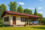 Проект дома «К-37» из СИП-панелей, 37 м² — одноэтажный дом с бежевым фасадом, коричневой крышей и навесом для машины | HotWell.KZ