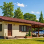 Проект дома «К-37» из СИП-панелей, 37 м² — одноэтажный дом с бежевым фасадом, коричневой крышей и навесом для машины | HotWell.KZ