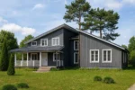 Проект дома «К-399» из СИП-панелей, 399 м² — двухэтажный дом с серым фасадом, темной крышей и террасой | HotWell.KZ