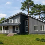 Проект дома «К-399» из СИП-панелей, 399 м² — двухэтажный дом с серым фасадом, темной крышей и террасой | HotWell.KZ