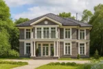 Проект дома «К-400» из СИП-панелей, 400 м² — двухэтажный дом с серым фасадом, черной крышей и балконом | HotWell.KZ