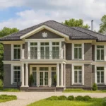 Проект дома «К-400» из СИП-панелей, 400 м² — двухэтажный дом с серым фасадом, черной крышей и балконом | HotWell.KZ