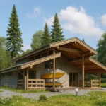 Проект дома «К-42» из СИП-панелей, 42 м² — одноэтажный дом с серым фасадом, деревянной крышей и террасой | HotWell.KZ
