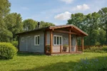Проект дома «К-45» из СИП-панелей, 45 м² — одноэтажный дом с серым фасадом, двускатной крышей и террасой | HotWell.KZ