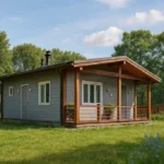 Проект дома «К-45» из СИП-панелей, 45 м² — одноэтажный дом с серым фасадом, двускатной крышей и террасой | HotWell.KZ