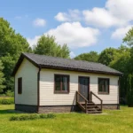 Проект дома «К-48» из СИП-панелей, 48 м² — одноэтажный дом с бежевым фасадом, черной крышей и крыльцом | HotWell.KZ