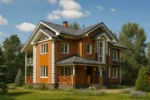 Проект дома «К-488» из СИП-панелей, 488 м² — двухэтажный дом с кирпичным фасадом, серой крышей и балконом | HotWell.KZ