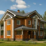 Проект дома «К-488» из СИП-панелей, 488 м² — двухэтажный дом с кирпичным фасадом, серой крышей и балконом | HotWell.KZ