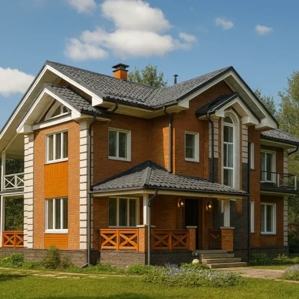 Проект дома «К-488» из СИП-панелей, 488 м² — двухэтажный дом с кирпичным фасадом, серой крышей и балконом | HotWell.KZ