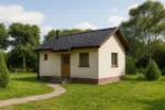 Проект дома «К-48Б» из СИП-панелей, 48 м² — одноэтажный дом с белым фасадом и черной крышей | HotWell.KZ