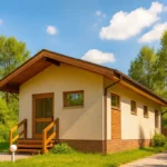 Проект дома «К-52» из СИП-панелей, 52 м² — одноэтажный дом с бежевым фасадом, коричневой крышей и крыльцом | HotWell.KZ