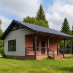 Проект дома «К-55» из СИП-панелей, 55 м² — одноэтажный дом с бежевым фасадом, серой крышей и крытым крыльцом | HotWell.KZ