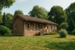 Проект дома «К-65» из СИП-панелей, 65 м² — одноэтажный дом с кирпичным фасадом, коричневой крышей и крыльцом | HotWell.KZ