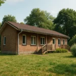 Проект дома «К-65» из СИП-панелей, 65 м² — одноэтажный дом с кирпичным фасадом, коричневой крышей и крыльцом | HotWell.KZ