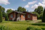 Проект дома «К-66» из СИП-панелей, 66 м² — одноэтажный дом с красным фасадом, серой крышей и крыльцом | HotWell.KZ