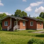 Проект дома «К-66» из СИП-панелей, 66 м² — одноэтажный дом с красным фасадом, серой крышей и крыльцом | HotWell.KZ