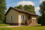 Проект дома «К-69» из СИП-панелей, 69 м² — одноэтажный дом с бежевым фасадом, коричневой крышей и крыльцом | HotWell.KZ