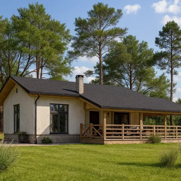 Проект дома «К-75» из СИП-панелей, 75 м² — одноэтажный дом с белым фасадом, черной крышей и террасой | HotWell.KZ