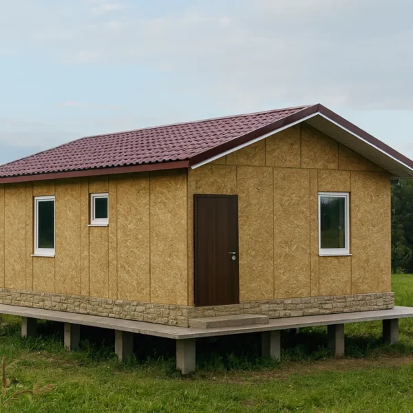 Проект дома «К-77» из СИП-панелей, 77 м² — одноэтажный дом с бежевым фасадом и красной крышей | HotWell.KZ