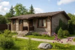 Проект дома «К-80» из СИП-панелей, 80 м² — одноэтажный дом с деревянным фасадом, коричневой крышей и крыльцом | HotWell.KZ